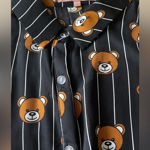 Bear Pattern Shirt Black white Stripe brown Classic size S/M teddy